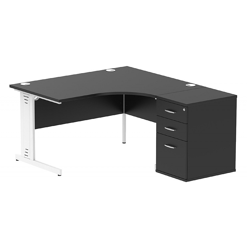 Onyx Black Ergonomic Radial Cable Managed Office Desks with Desk End Drawers