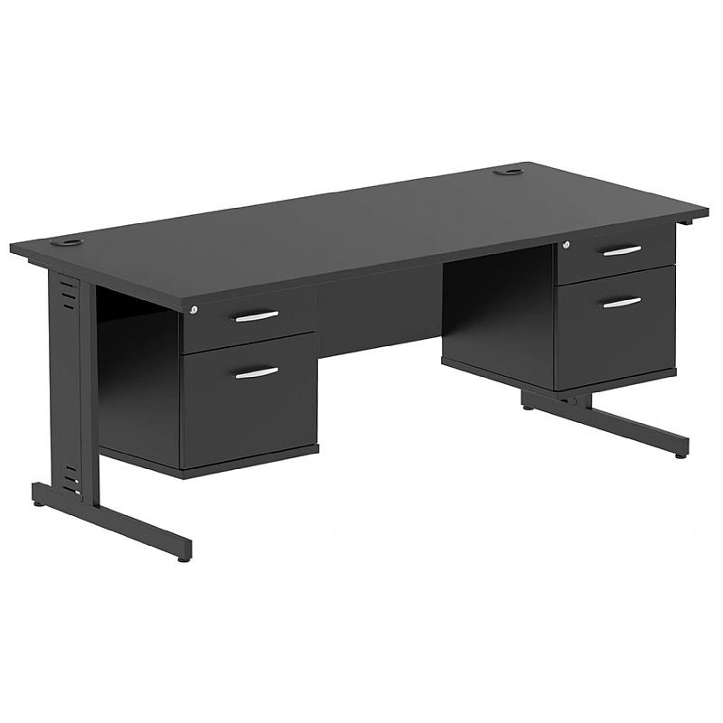 Onyx Black Rectangular Cable Managed Office Desk With Double Fixed Drawers