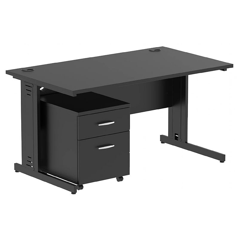 Onyx Black Rectangular Cable Managed Office Desk With Mobile Pedestal