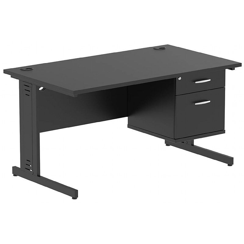 Onyx Black Rectangular Cable Managed Office Desk With Single Fixed Drawers