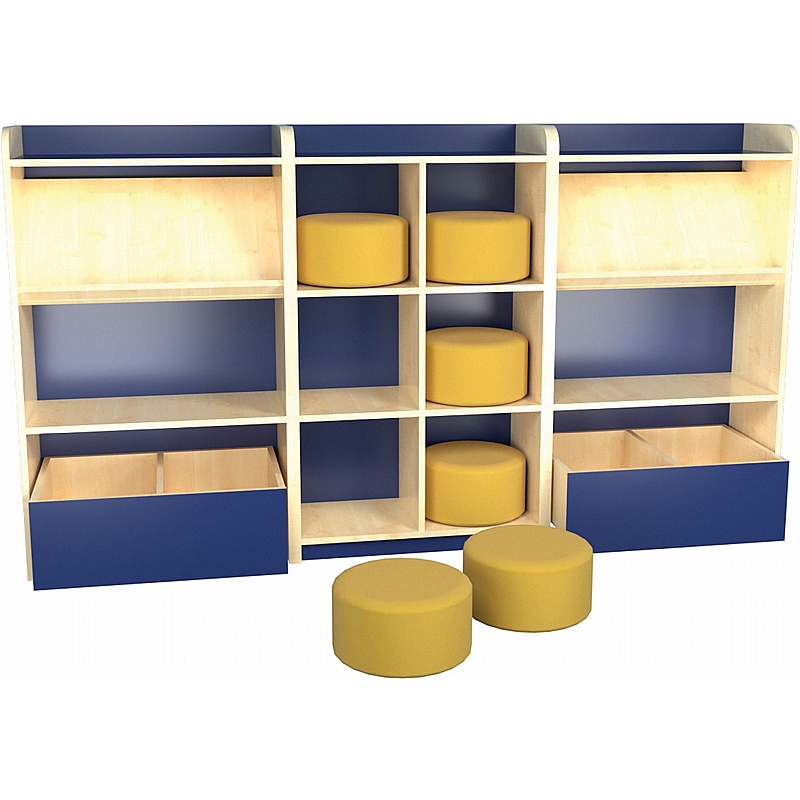 KubbyClass Display and Browse Bookcases with Pod Seats Bundle - School Furniture