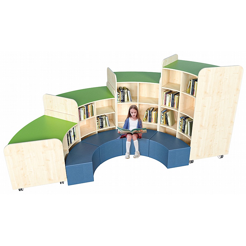 KubbyClass Mobile Junior Library Curved Bookcases and Stools Bundle - School Furniture